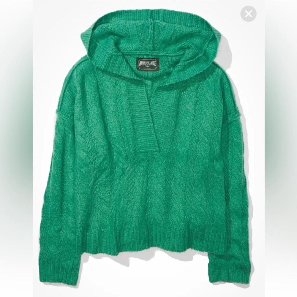 American Eagle Green Hooded Knit Sweater